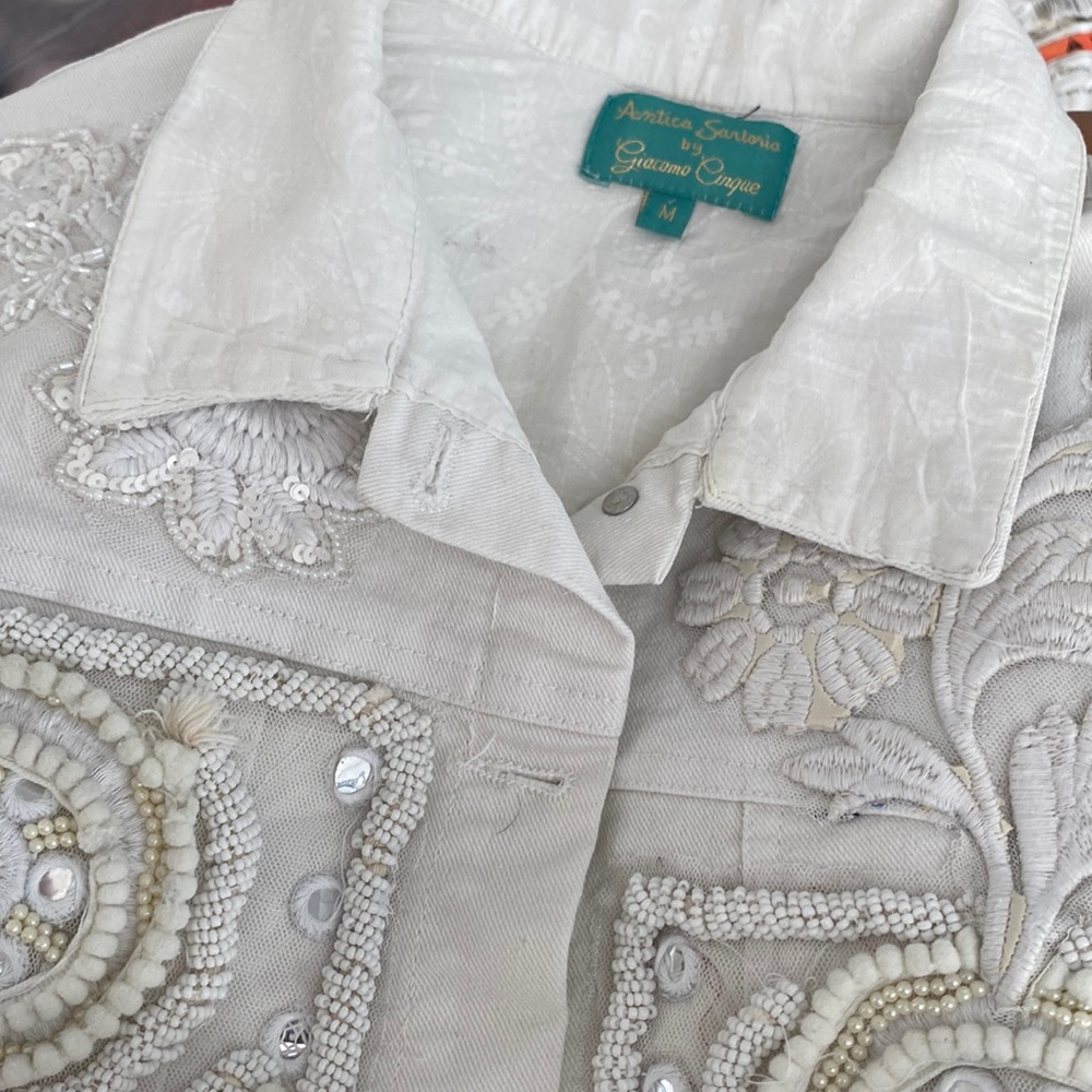 Antica Sartorial Womens Denim Jacket medium White Cream Jean Beaded Embroidered